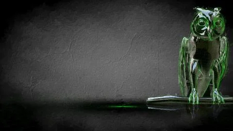 3d rendering of a reflective owl on a dark black background Illustrazione stock