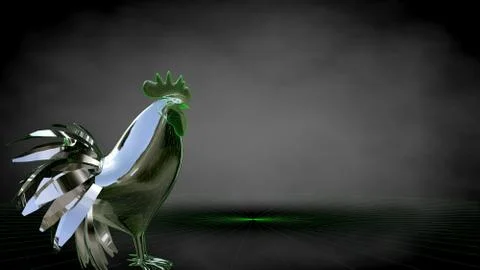 3d rendering of a reflective rooster on a dark black background Stock Illustration