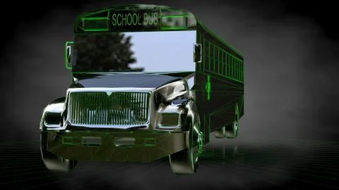 3d rendering of a reflective school bus on a dark black background Stock Illustration