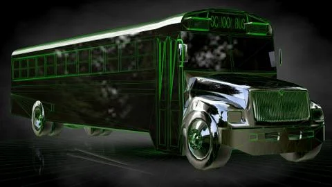 3d rendering of a reflective school bus on a dark black background Stock Illustration