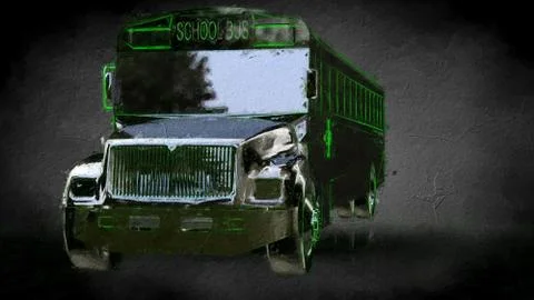 3d rendering of a reflective school bus on a dark black background Stock Illustration
