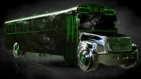 3d rendering of a reflective school bus on a dark black background Stock Illustration