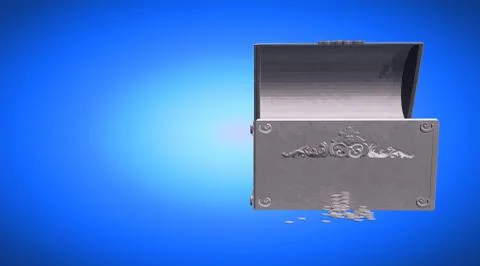 3d rendering of a reflective treasure box with coins near it Stock Illustration