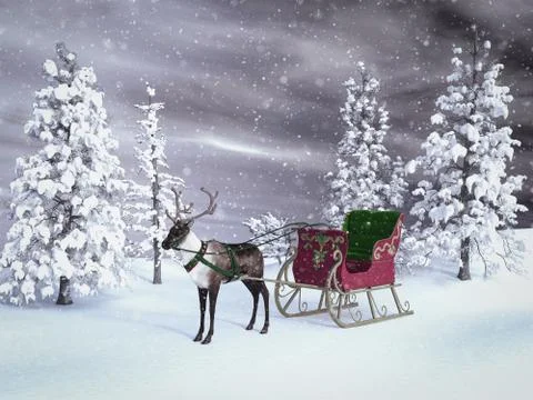 3D rendering of a reindeer with sleigh. Stock Illustration