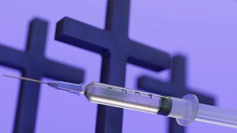 A 3d rendering of religious cross alongside syringes Stock Illustration