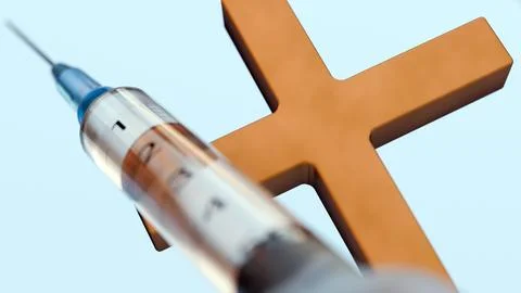 A 3d rendering of religious cross alongside syringes Stock Illustration