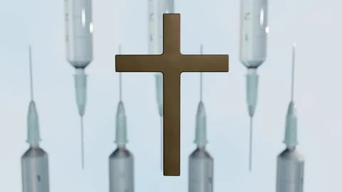 A 3d rendering of religious cross alongside syringes Stock Illustration