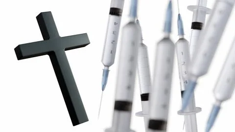 A 3d rendering of religious cross alongside syringes Stock Illustration