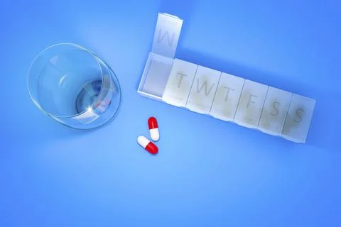 3d rendering of a reminder box for pills and a glass of water Stock Photos