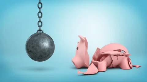 3d rendering of a resting wrecking ball on a chain hangs near a cracked piggy Stock Illustration