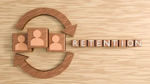 3D rendering of "RETENTION" on cube tiles, person icons and circular arrows. Stock Illustration