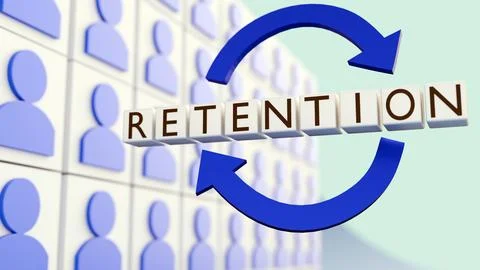 3D rendering of "RETENTION" on cube tiles, person icons and circular arrows. Stock Illustration