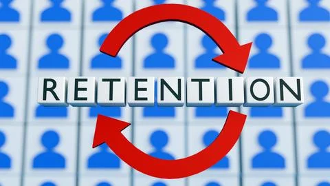 3D rendering of "RETENTION" on cube tiles, person icons and circular arrows. Stock Illustration