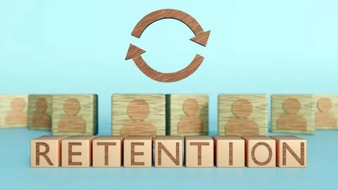 3D rendering of "RETENTION" on cube tiles, person icons and circular arrows. Stock Illustration