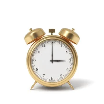 3d rendering of a retro alarm clock covered in gold standing on a white Illustrazione stock