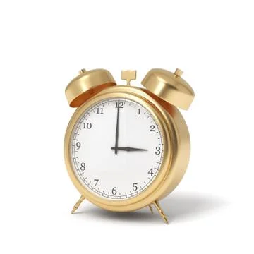 3d rendering of a retro alarm clock covered in gold standing on a white Stock Illustration