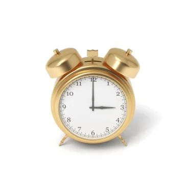 3d rendering of a retro alarm clock covered in gold standing on a white Illustrazione stock