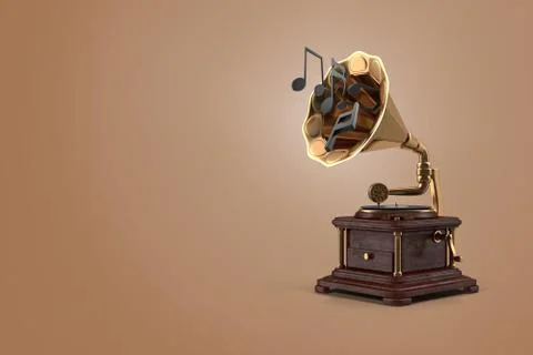 3D rendering retro golden gramophone with music notes on brown isolated backg Stock Illustration