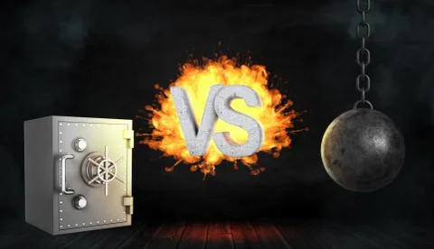 3d rendering of a retro iron safe box and a black wrecking ball with large Stock Illustration