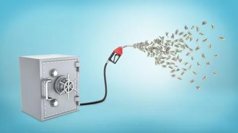 3d rendering of a retro safe box connected to a petrol pump that lets out many Stock-Illustration