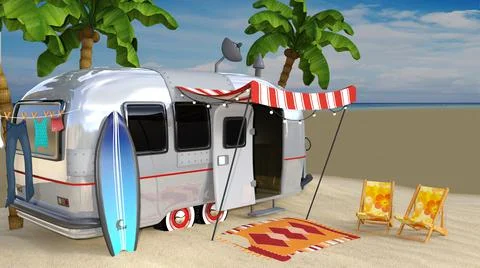 3D Rendering Retro Surf Van Stock Illustration