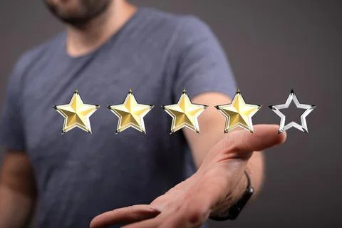 3d rendering of a review icon and rating stars showing a feedback levitating abo Foto stock