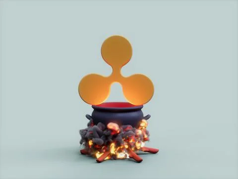 3D rendering of a RIPPLE coin in the cauldron on the fire Stock Illustration