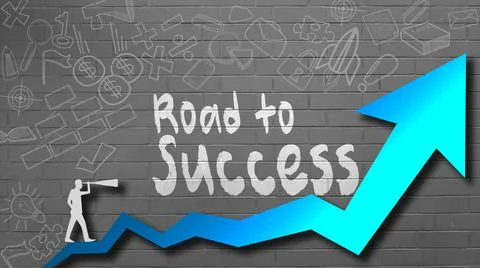 3D rendering of a road to success word for success concept with a blue arrow Stock Illustration