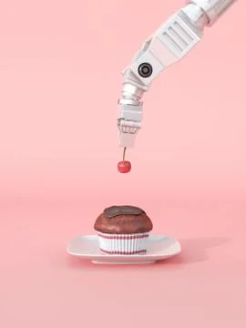 3D Rendering, robot arm laying cherry on cupcake Stock-Fotos