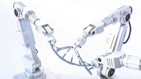 3D Rendering, robot arms repairing DNA string Stock Illustration