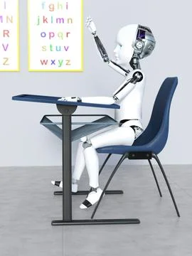 3D rendering of a robot child in a classroom nr 1. Stock Illustration