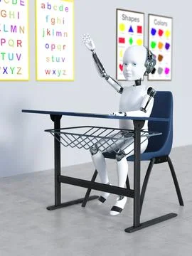3D rendering of a robot child in a classroom nr 2. Illustrazione stock