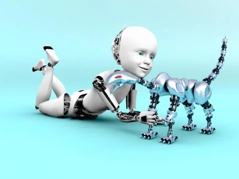 3D rendering of a robot child playing. Stock Illustration