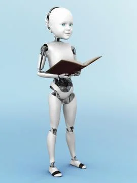 3D rendering of a robot child reading a book. Stock Illustration