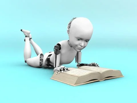 3D rendering of a robot child reading a book. Illustrazione stock