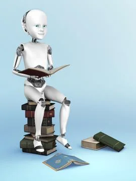 3D rendering of a robot child sitting on a pile of books. Stock Illustration