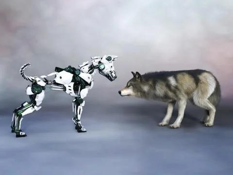 3D rendering of a robot dog meeting a wolf. Stock-Illustration