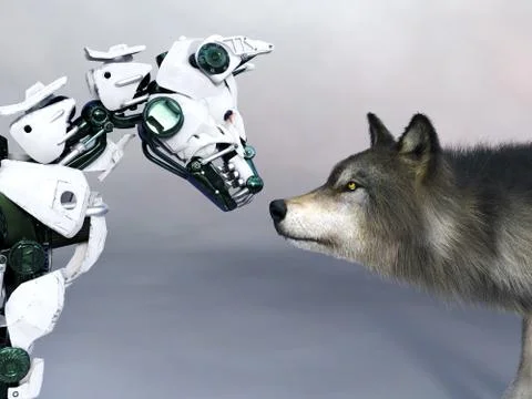 3D rendering of a robot dog meeting a wolf. Stock Illustration