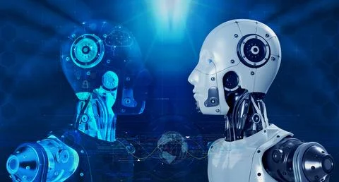 3d rendering robot face to face with transparent Ai robotic, artificial int.. Stock Photos