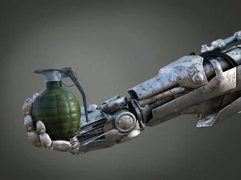 3D rendering of robot hand holding grenade. Stock Illustration