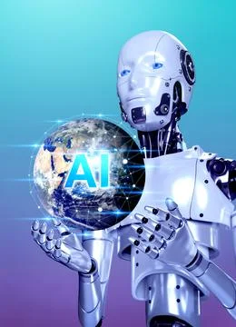 3d rendering robot holding virtual hologram of digital world with polygon g.. イラスト素材