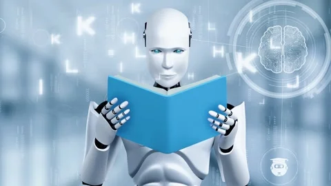 3D rendering of robot hominoid reading book Stock Footage 310745988