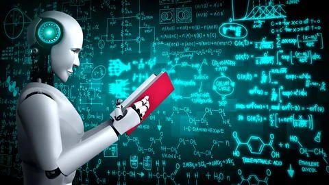 3D rendering of robot hominoid reading book and solving math Stockillustratie