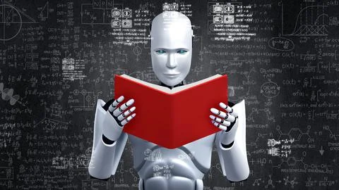 3D rendering of robot hominoid reading book and solving math 库存插图