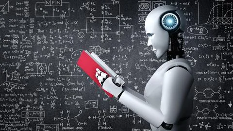 3D rendering of robot hominoid reading book and solving math Stock Illustration