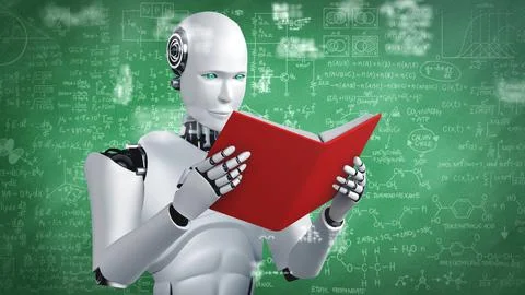 3D rendering of robot hominoid reading book and solving math 库存插图