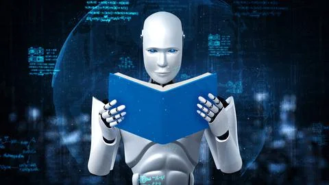 3D rendering of robot hominoid reading book and solving math 스톡 일러스트