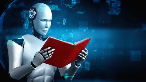 3D rendering of robot hominoid reading book and solving math 库存插图