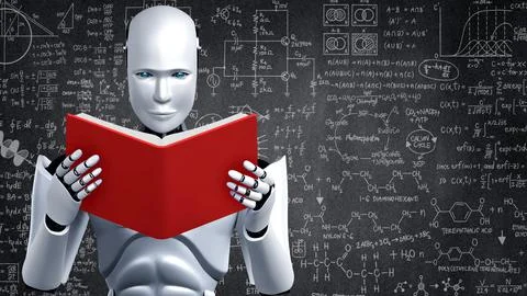 3D rendering of robot hominoid reading book and solving math 스톡 일러스트