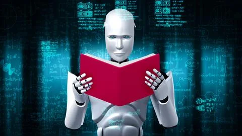 3D rendering of robot hominoid reading book and solving math Stockillustratie